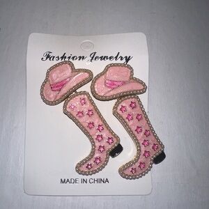Pink cowboy hat cowboy boots earrings